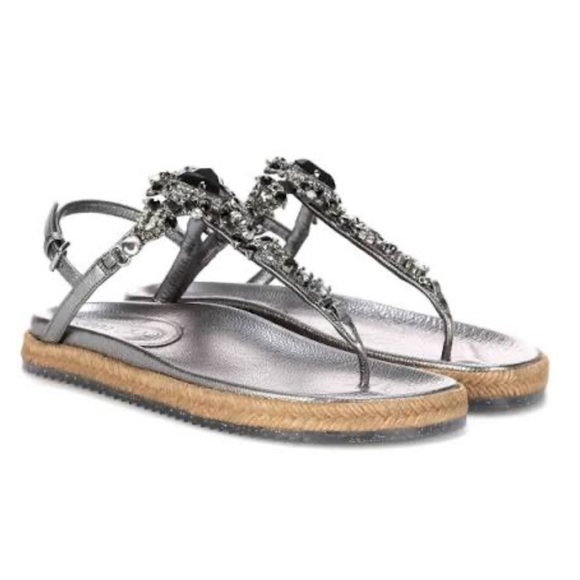 Jimmy Choo Neal Rhinestone Jeweled T-Strap Espadrille Molded Comfort Sandals 36